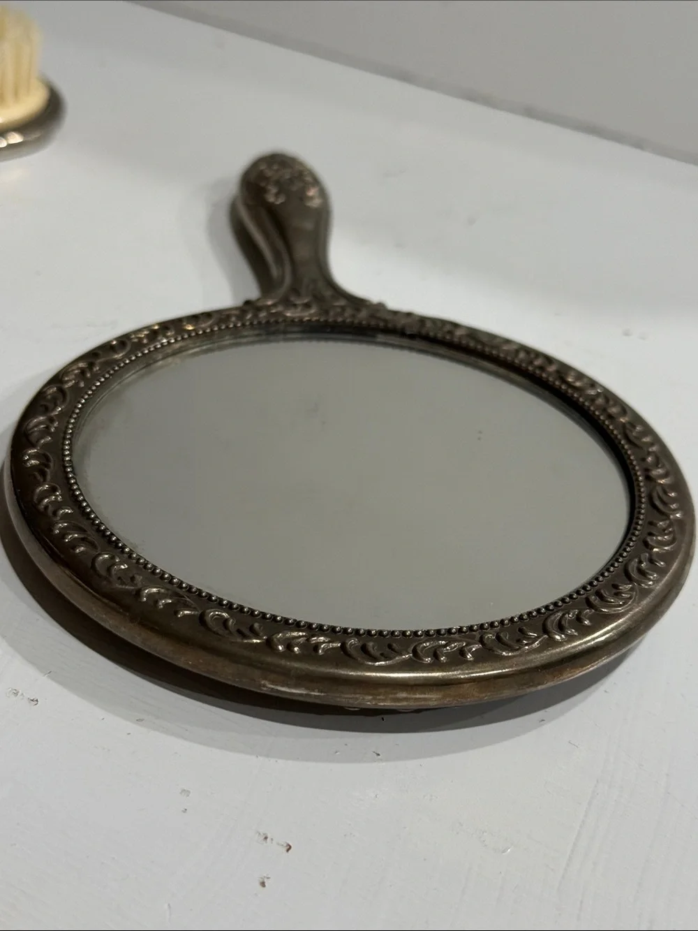 Silver Plated Vanity Dresser Set Hand Mirror, Cream Brush & Comb